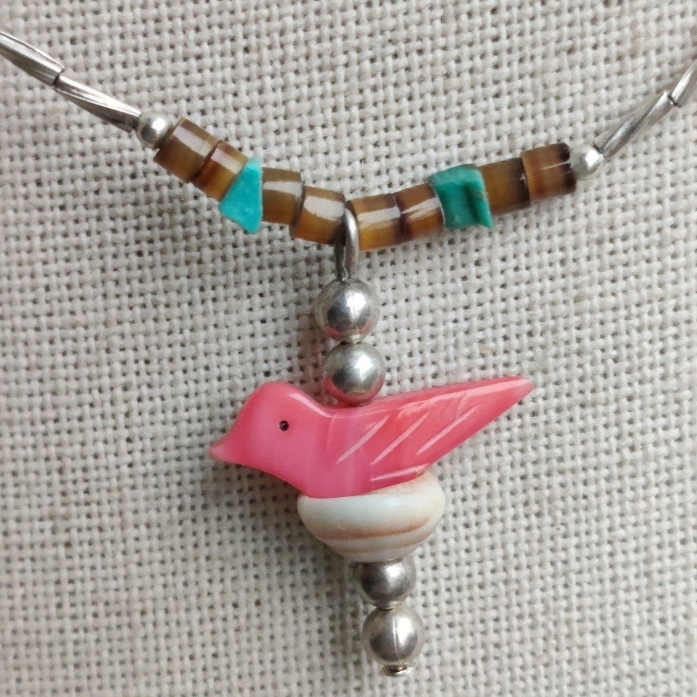 Sterling Native Turquoise And Coral Bird Fetish Heishi Bead Necklace - Picture 2 of 5